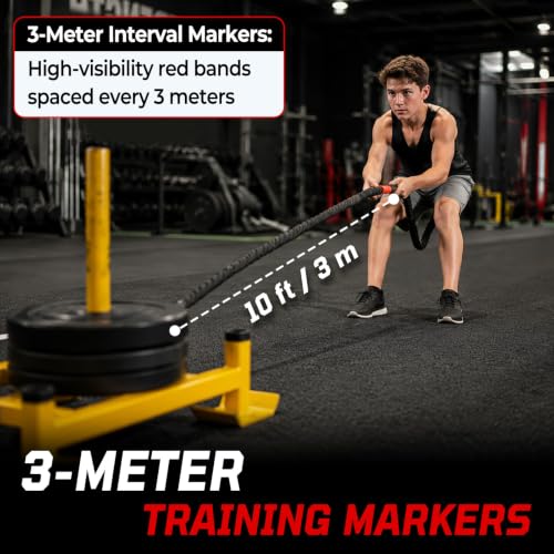 50FT Weighted Sled Pull Rope with 3m Distance Markers - Heavy-Duty Braided Polyester Training Rope for Functional Strength & Conditioning Workouts