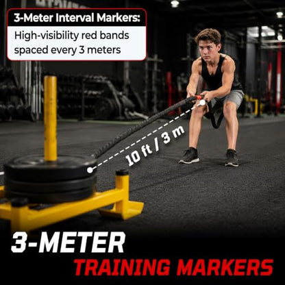 50FT Weighted Sled Pull Rope with 3m Distance Markers - Heavy-Duty Braided Polyester Training Rope for Functional Strength & Conditioning Workouts