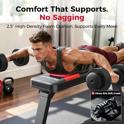 FLYBIRD Foldable Flat Weight Bench for Home Gym, 600/1000 lbs Capacity with Dual Locking for Strength Training, Easy Setup & Storage for Small Apartments, Lifting, Hip Thrust, Dumbbell Workout