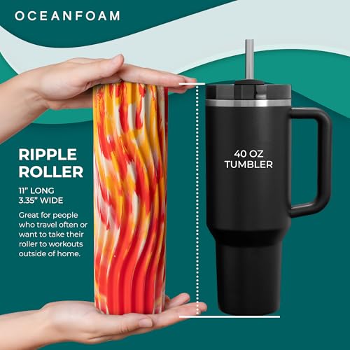 Ripple Travel Foam Roller (11" x 3.35") Firm Mini Foam Roller for Physical Therapy, Deep Tissue Massage, Back Pain - High Density, Wave Textured, Yoga, Exercise (Red, Gold & Natural Marbled) - color: Red, Gold & Natural Marbled