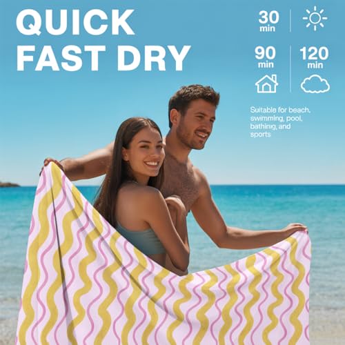 Microfiber Beach Towel Sand Free Quick Dry Oversized Modern Wavy Striped Retro Pink Gold Magenta Pattern for Adults Pool Travel Gym Camping 71 x 32 Inches 1 Pcs - color: Wavy