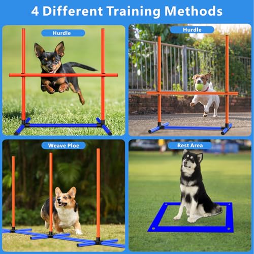 Dog Agility Training Equipment, 4-Sets Adjustable Dog Jumps & Hurdles Set for Backyard, Outdoor Dog Obstacle Course Training Starter Kit with Weave Poles, Pause Box & Carrying Bag for Large Small Dogs