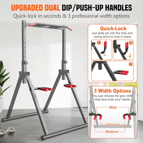 Foldable Power Tower Dip Station for Pull Ups, Dips & Push Ups, Upgraded Free Standing Pull Up Bar Station, Multi-function Workout Equipment for Home Gym Strength Training, Support 440LBS