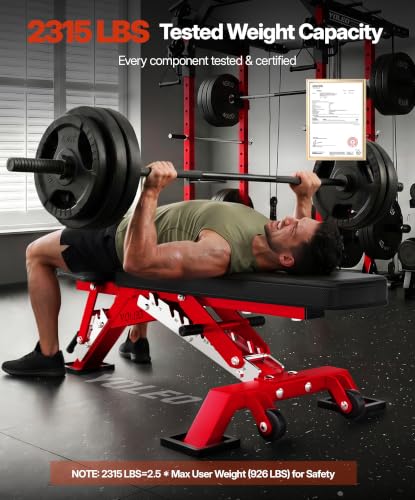 YOLEO Commercial Adjustable Weight Bench 2315LB ASTM Certified – 80% Pre-Assembled Heavy Duty Workout Bench for Home Gym, Decline/Flat/Incline Bench Press, 2.4" Thick Pad & 2 Wheels - color: Red