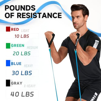 Exercise Bands with Handles, Resistance Bands with Handles, Ideal for Physical Therapy, Strength Training, Muscle Toning - Door Anchor and Starter Guide Included - color: Blue-Heavy(30lbs)