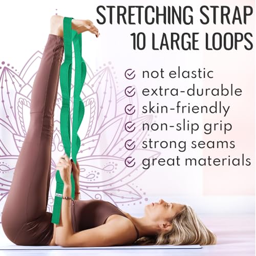 Stretching Strap with 10 Loops – Non-Elastic Yoga Strap for Physical Therapy – Stretch Band for Hamstring, Leg, Hip & Knee Rehab – Pilates, Flexibility & Mobility Exercise for Men & Women