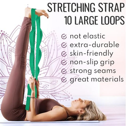 Stretching Strap with 10 Loops – Non-Elastic Yoga Strap for Physical Therapy – Stretch Band for Hamstring, Leg, Hip & Knee Rehab – Pilates, Flexibility & Mobility Exercise for Men & Women