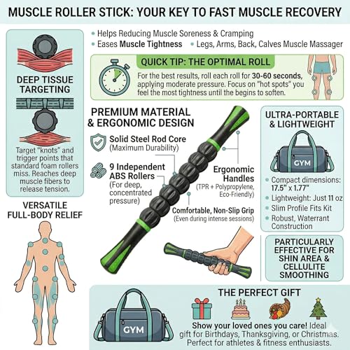 (TM) Muscle Roller Stick - Massage Tool for Releasing Myofascial Trigger Points, Reducing Muscle Soreness, Soothing Cramps and Relieving Muscle Pain