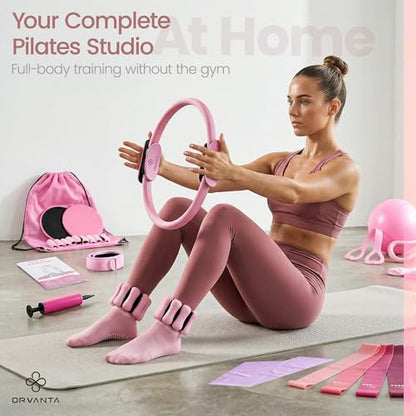 Pilates Equipment Kit 19 Piece, Home Pilates Workout Kit for Women, 14.5" Pilates Ring and Ball Set with Adjustable Ankle Wrist Weights, 5 Resistance Bands,Sliders & Grip Socks,Workout Guide Included