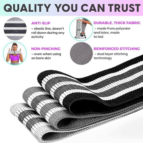 Fabric Resistance Bands for Women & Men – 4 Durable Exercise Bands for Working Out, Non-Slip & Non-Pinching Workout Bands – Multiple Resistance Levels Booty Bands for Legs Butt Glutes Hips Abs & More.