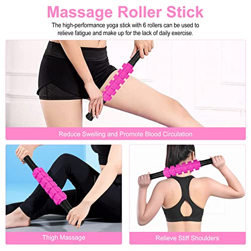 Aucuu 5 in 1 Foam Roller Set Includes Hollow Core Massage Roller, Yoga Stick, Massage Ball, Fitness Stretching Strap, Carrying Bag, Towel, Massage Roller (Pink) - color: Pink