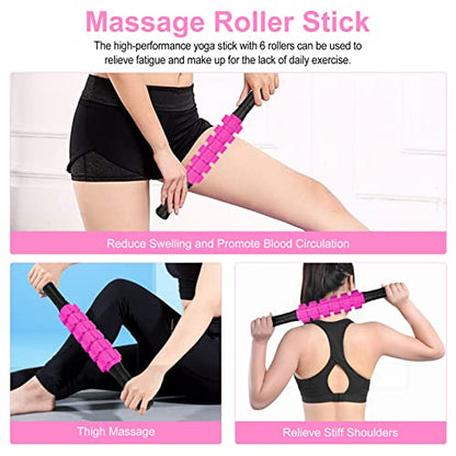 Aucuu 5 in 1 Foam Roller Set Includes Hollow Core Massage Roller, Yoga Stick, Massage Ball, Fitness Stretching Strap, Carrying Bag, Towel, Massage Roller (Pink) - color: Pink