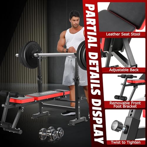 OPPSDECOR 600lbs 6 in 1 Weight Bench Set with Squat Rack Foldable Bench Press with Removable Foot Catch Adjustable Workout Bench for Home Gym