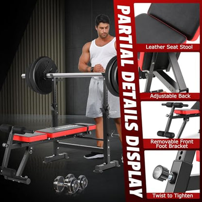 OPPSDECOR 600lbs 6 in 1 Weight Bench Set with Squat Rack Foldable Bench Press with Removable Foot Catch Adjustable Workout Bench for Home Gym