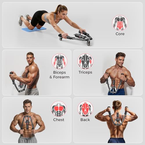 FLYBIRD Twister Arm Trainer, Hydraulic Power Core Twister Chest Workout Equipment, Adjustable 22-440LBS Chest Trainer for Men, 3 in 1 Chest and Arm Exerciser with Ab Roller Wheel, Include Backpack&Pad