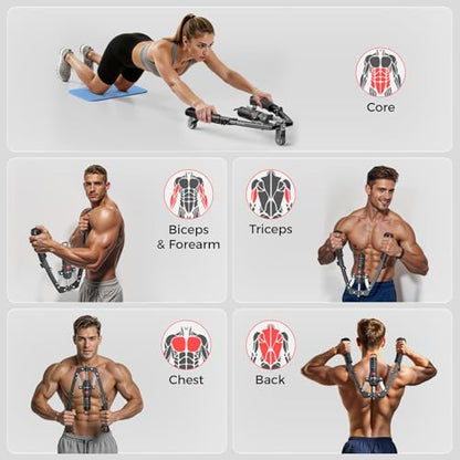 FLYBIRD Twister Arm Trainer, Hydraulic Power Core Twister Chest Workout Equipment, Adjustable 22-440LBS Chest Trainer for Men, 3 in 1 Chest and Arm Exerciser with Ab Roller Wheel, Include Backpack&Pad
