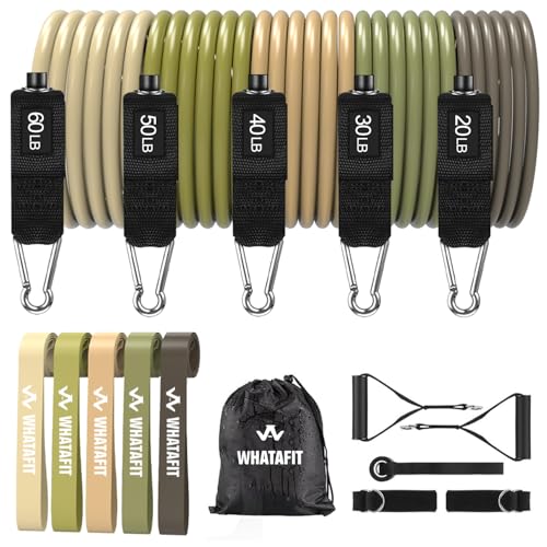 WHATAFIT Resistance Bands, Exercise Bands, Workout Bands with Handles, Door Anchor and Ankle Straps, 5 Resistance Levels Fitness Bands for Strength Training, Physical Therapy, and Home Gym Equipment - color: Green 16PCS
