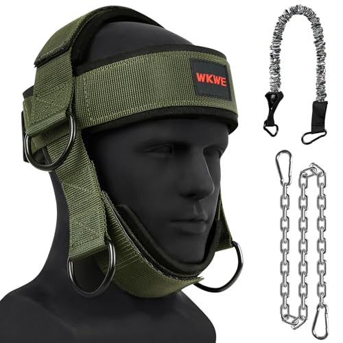Neck Harness for Increases Neck Core Strength - Neck Exerciser with 30" Heavy Duty Steel Chain for Safely Lifting Weights Up to 280 lbs, Adjustable Head with Nylon Tether and 2 Carabiners - color: Green
