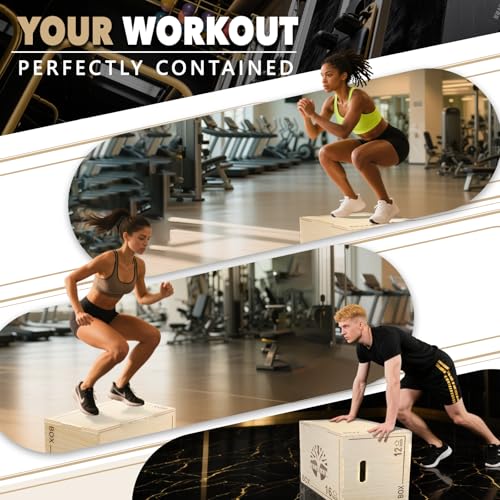 Plyo Box - 3-in-1 Wood Plyometric Jump Platform (16"x12"x8") for Home Gym Training - Ideal for Jumps, Squats & Conditioning-1 Piece - size: 16" x 12" x 8"