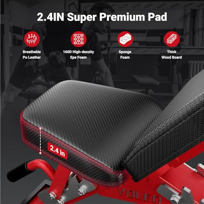 YOLEO Commercial Adjustable Weight Bench - Heavy Duty Workout Bench for Home Gym, Decline/Flat/Incline Bench Press 2.4" Thick Pad(6-Step Assembly) (80% Pre-assemble)