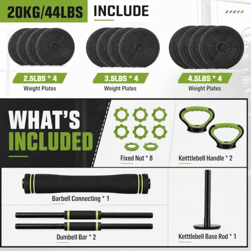 Adjustable Dumbbell Set 44LB, 4-in-1 Free Weight Set with Barbell & Kettlebell & Push-Up Handles, Compact All-in-One Home Gym for Men & Women, Anti-Slip Grip, Quiet Rubber-Coated Plates