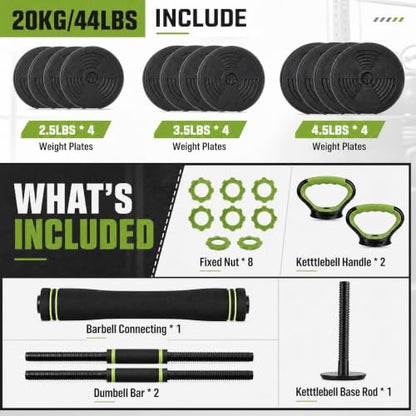 Adjustable Dumbbell Set 44LB, 4-in-1 Free Weight Set with Barbell & Kettlebell & Push-Up Handles, Compact All-in-One Home Gym for Men & Women, Anti-Slip Grip, Quiet Rubber-Coated Plates