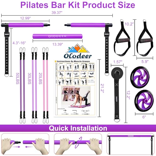 Pilates Bar Kit with Resistance Bands for Working Out, Pilates Equipment with Ab Roller for All Fitness Levels, Portable Home Gym Full Body Workout Equipment for Women&Men