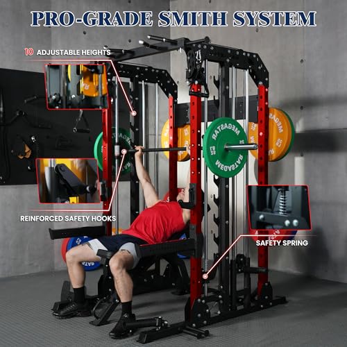 Smith Machine, 2600LBS Squat Rack, 7-in-1 Home Gym Cage with Adjustable Safety Bars, Pull-Up & LAT Pulldown