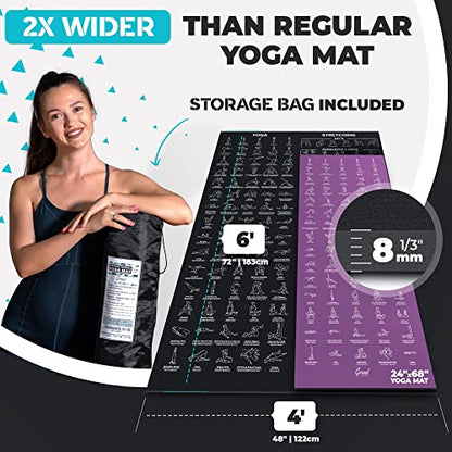 Extra-Large Instructional Yoga Mat with Poses Printed On It - 3X Bigger & 2X Wider than Regular Workout Mats - 150 Illustrated Yoga Poses and Stretches - Wide, Non-Slip, Barefoot Exercise Mat - color: 6' x 4' Black