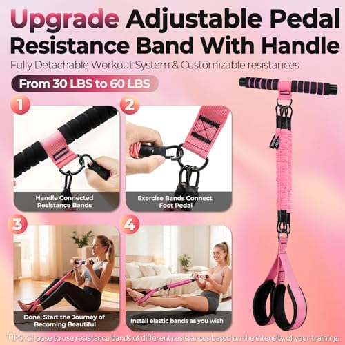 Upgraded Multifunction Pedal Resistance Band with Handle, 3 Tube Adjustable Resistance Bands, Full Body Fitness Exercise Equipment for Abdomen, Waist, Arm, Core/ABS, Leg, Physical Therapy (Pink)