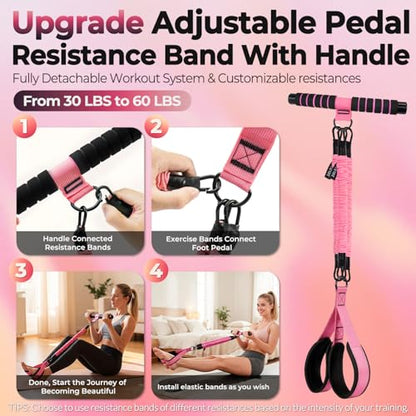 Upgraded Multifunction Pedal Resistance Band with Handle, 3 Tube Adjustable Resistance Bands, Full Body Fitness Exercise Equipment for Abdomen, Waist, Arm, Core/ABS, Leg, Physical Therapy (Pink)