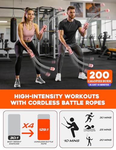 Cordless Battle Ropes 2 Pack Adjustable Weight Portable Ropeless Battle Ropes for Home Gym Full Body Workout with Non Slip Handle and Training Poster for HIIT Cardio Strength Training Men Women,Pink