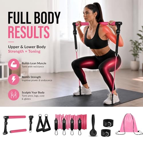 Pilates Bar Kit with Resistance Bands, Pilates Workout Equipment for Home Gym, Adjustable 3-Section Pilates Bar Kit for Women & Men, Ideal Pilates at Home Kit for Full Body Training & Flexibility