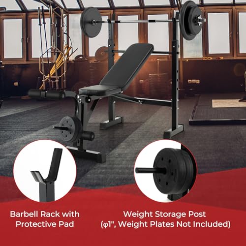 GYMAX Adjustable Weight Bench, Foldable Weight Bench with Squat Racks, Leg Extension & Leg Curl, Strength Training Workout Bench Press, Olympic Weight Lifting Bench Set for Home Gym