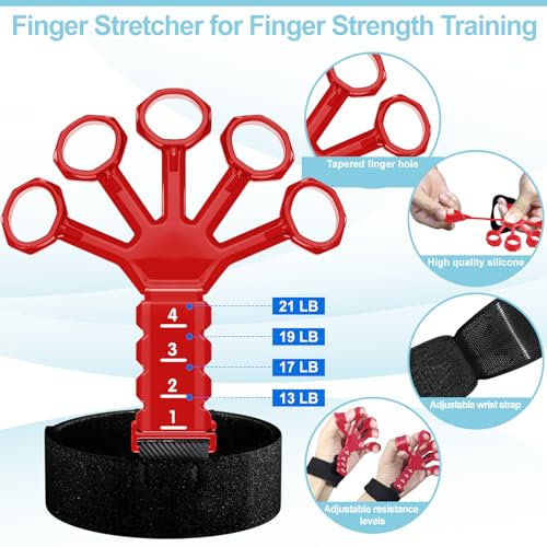 Grip Strength Trainer(5 Pack) with Finger Exerciser, Hand Grip Strengthener, Finger Stretcher,Grip Ring & Stress Relief Ball for Muscle Building and Injury Recover with Carry Bag - color: RED