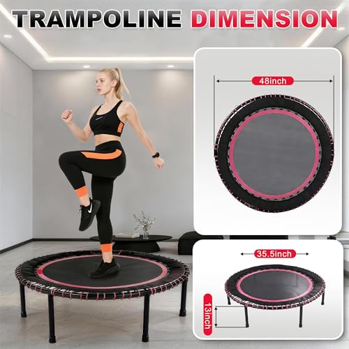 40"/48" Fitness Rebounder Trampoline with 4-Level Adjustable Foam Handle, Quiet and Stable Exercise Trampoline for Kids Adults, Indoor/Outdoor Mini Trampoline - color: Pink