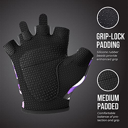 Contraband Pink Label 5217 Women's Design Series Camo Print Lifting and Rowing Gloves (Pair) - Lightweight Vegan Medium Padded Microfiber Amara Leather w/Griplock Silicone - color: Purple, size: Small