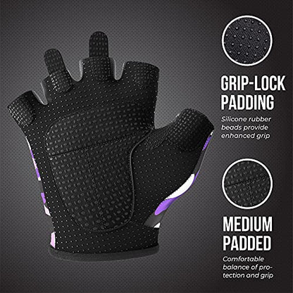 Contraband Pink Label 5217 Women's Design Series Camo Print Lifting and Rowing Gloves (Pair) - Lightweight Vegan Medium Padded Microfiber Amara Leather w/Griplock Silicone - color: Purple, size: Small