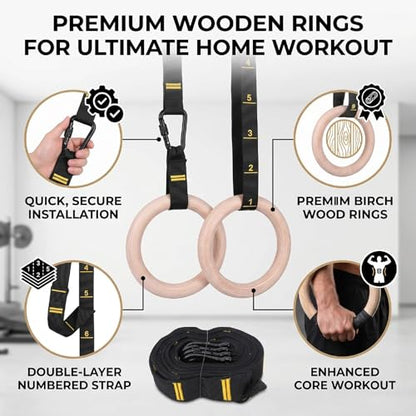 Wooden Gym Rings Birch Wood Rings Gymnastics with 1.5 Inch Numbered Straps Rotating Carabiner for Home Gym Strength Training