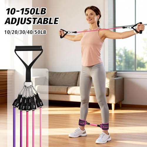 WHATAFIT Resistance Bands with Handles, 5-Level Exercise Bands for Workout - color: Pink Purple-Ankle