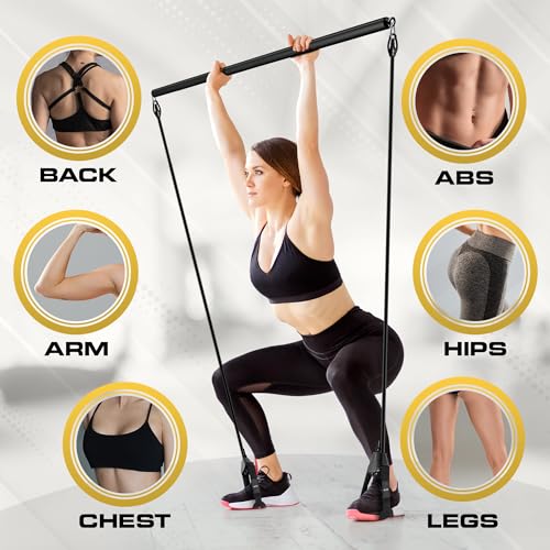 Pilates Bar Kit with Resistance Bands for Women & Men(30,40,50 Lbs), Pilate Bar with Non-Slip Foot Belts, 3-Section Pilates Bar Workout Equipment for Legs, Hip, Waist and Arm