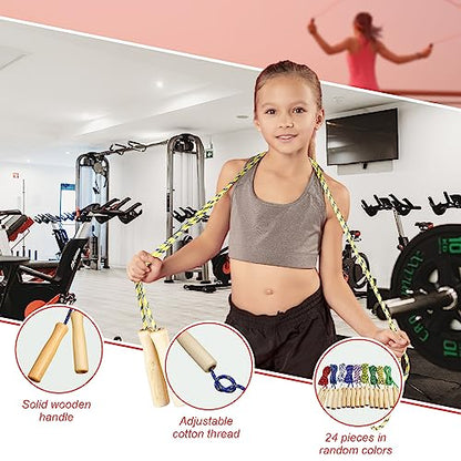 Shappy 24 Pcs Jump Rope Bulk 7.25 ft Adjustable Cotton Skipping Rope with Wooden Handle Braided Fitness Jumping Rope for Training Outdoor Exercise Fun Activity Party Favor