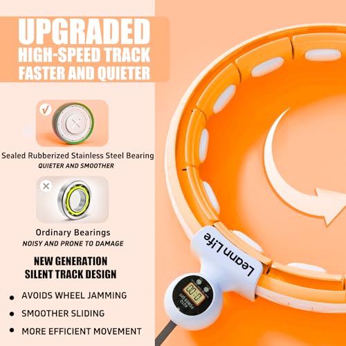 U5 Smart Weighted Hula Hoop with Counter, Waist Trimmer & Wash Bag –16 Knots, 28"–46" Adjustable Infinity Hoop Plus Size, Quiet Rubberized Wheels, Abdominal Toner - color: Orange + Waist Trimmer