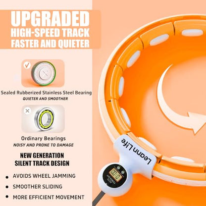 U5 Smart Weighted Hula Hoop with Counter, Waist Trimmer & Wash Bag –16 Knots, 28"–46" Adjustable Infinity Hoop Plus Size, Quiet Rubberized Wheels, Abdominal Toner - color: Orange + Waist Trimmer