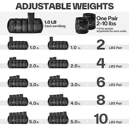 Sportneer Adjustable Ankle Weights Set - 1 Pair (2-10 lbs) Removable Sandbags for Women & Men, Comfortable Neoprene Leg Weights for Walking, Running, Pilates, Yoga, Home Workout & Physical Therapy