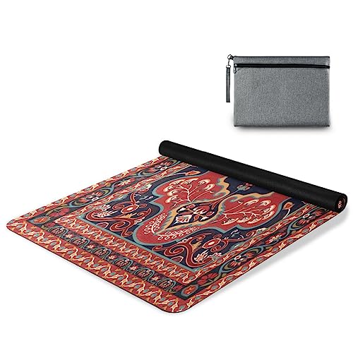 Kigai Travel Yoga Mat 71" x 24" Non Slip Natural Rubber Foldable Exercise Mat Ultra Thin 1.5mm Lightweight for Fitness, Pilates & Home Workout, Persian Design