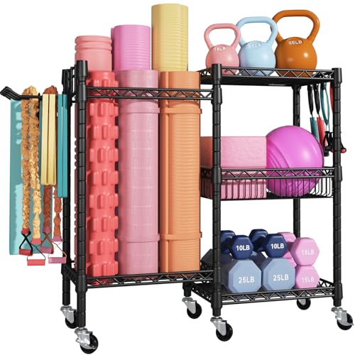 FUTASSI Home Gym Storage, 3 Tiers Workout Equipment Organizer with Wheels for Yoga Mats, Foam Roller, Dumbbells, Kettlebells, and Resistance Bands - color: Black, size: Double-Row