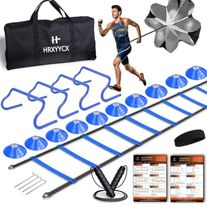Agility Ladder Speed Training Equipment Set-20ft Agility Ladder 4 Adjustable Hurdles Running Parachute Jump Rope Speed Training Equipment for Soccer Football Basketball
