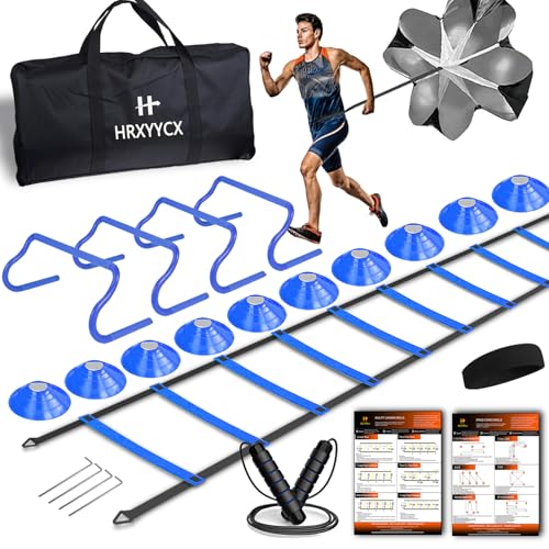 Agility Ladder Speed Training Equipment Set-20ft Agility Ladder 4 Adjustable Hurdles Running Parachute Jump Rope Speed Training Equipment for Soccer Football Basketball