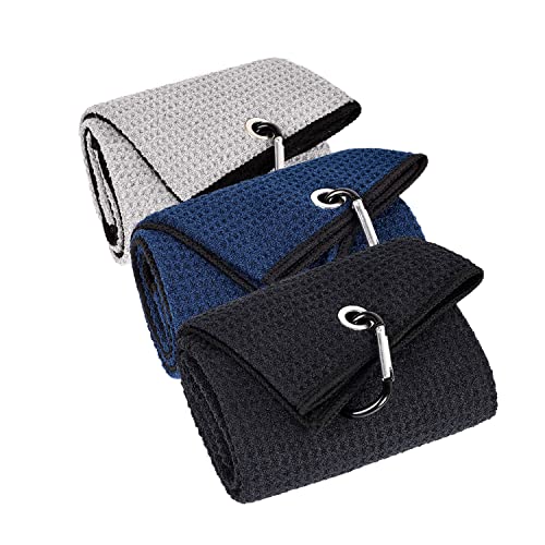 LUSTEMBER 3 Pack Large Golf Towels, 16" x 24" Tri-Fold Portable Microfiber Fabric Waffle Pattern Golf Towel for Golf Bag with Carabiner Clip to Quickly Remove Sand, Mud, Dirt and Sweat